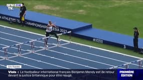 Une lanceuse de poids court le 100m haies lors des Jeux Européens d'athlétisme en Pologne
