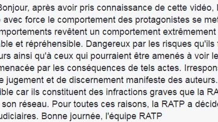 La RATP a rappelé les auteurs de la vidéo à l'ordre. La RATP a rappelé les auteurs de la vidéo à l'ordre.