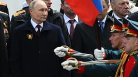 Vladimir Poutine le 9 mai 2024 à Moscou pour le défilé militaire célébrant la capitulation de l'Allemagne nazie en 1945. 