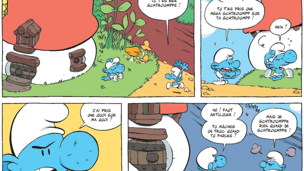 Un extrait de la BD "Qui est ce schtroumpf?" de Tébo