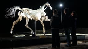 La sculpture du cheval Zeus, exposée au Mont-Saint-Michel (Manche).