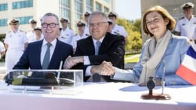 De gauche à droite, le Premier ministre australien Scott Morrison, son ministre de la Défense Christopher Pyne et la ministre française des Armées Florence Parly.