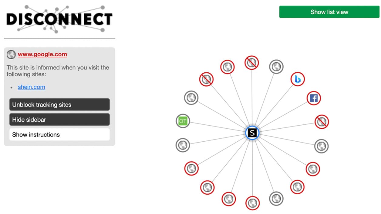 Informations affichées par l'extension Disconnect sur un site de vente de vêtements en ligne