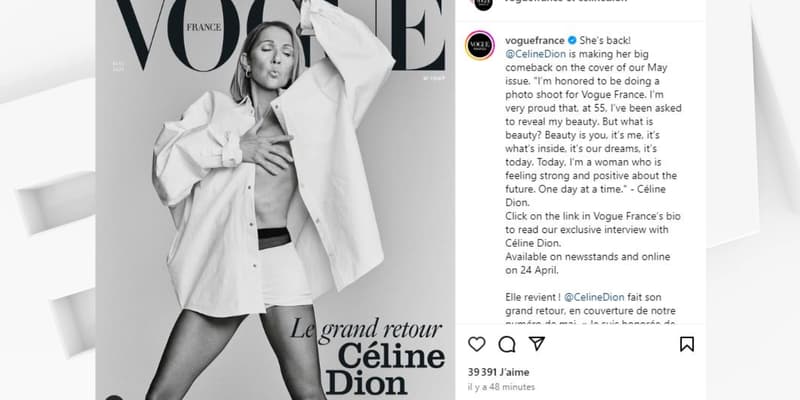 Céline Dion en couverture du numéro de mai 2024 de "Vogue France"