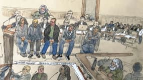 Croquis d'audience, le 14 octobre 2024 ,du procès de 19 personnes accusées de maltraitance d'enfants dans des foyers d'accueil non agréés, au tribunal de Châteauroux, dans l'Indre