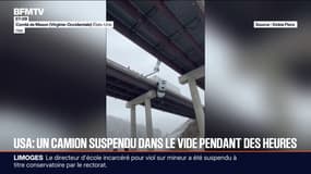 États-Unis: un poids lourd suspendu dans le vide au-dessus d'un pont après un dérapage dû à la neige