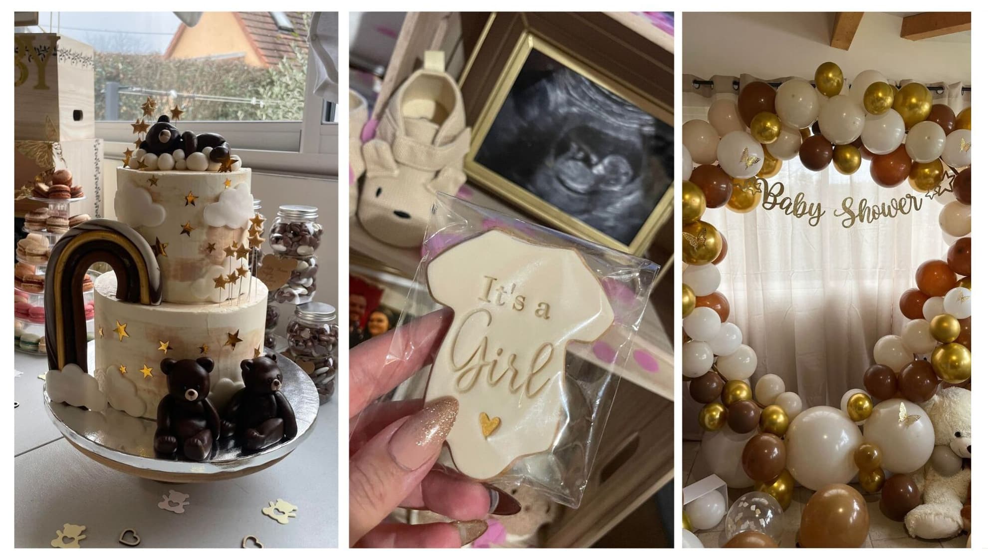 Le gâteau, la décoration et les biscuits de la "gender reveal party" de Mégane Poirier et son compagnon Dylann.