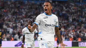 La joie de l'attaquant de l'OM Mason Greenwood, buteur face à Reims le 25 août 2024