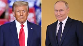 Donald Trump le 4 novembre 2024 à Pittsburgh et Vladimir Poutine à Moscou le 9 juillet 2024. 