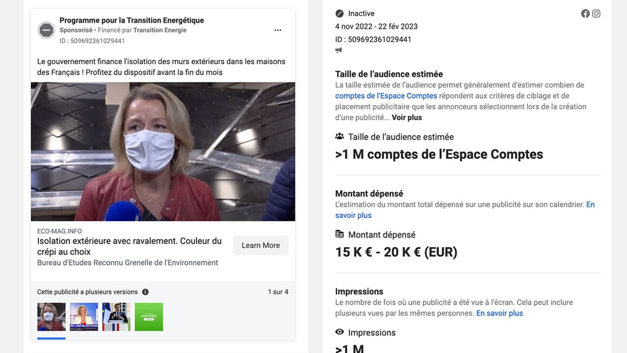 Capture d'écran d'une publicité diffusée par Facebook pour la page Programme pour la Transition Energétique Capture d'écran d'une publicité diffusée par Facebook pour la page Programme pour la Transition Energétique