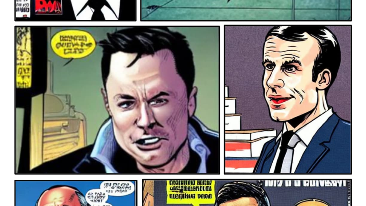 "Vladimir Putin, Volodymyr Zelensky, Elon Musk and Emmanuel Macron in a Batman comics", via Stable Diffusion "Vladimir Putin, Volodymyr Zelensky, Elon Musk and Emmanuel Macron in a Batman comics", via Stable Diffusion