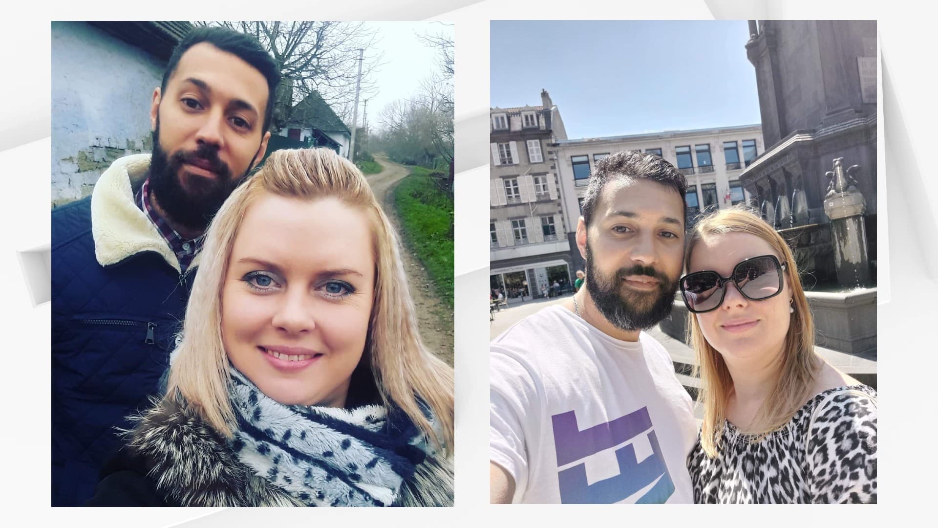À gauche Khaled et Olena à Kadyivtsy (district de Kamenets-Podolsky) en Ukraine le 19 décembre 2021 / À droite le couple à Clermont-Ferrand (Puy-de-Dôme), le 6 août 2022 À gauche Khaled et Olena à Kadyivtsy (district de Kamenets-Podolsky) en Ukraine le 19 décembre 2021 / À droite le couple à Clermont-Ferrand (Puy-de-Dôme), le 6 août 2022