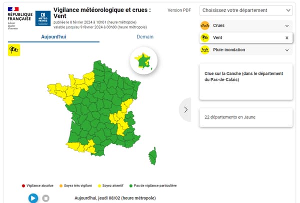 Carte des vigilances météorologiques en France, jeudi 8 février 2024, selon Météo-France. 