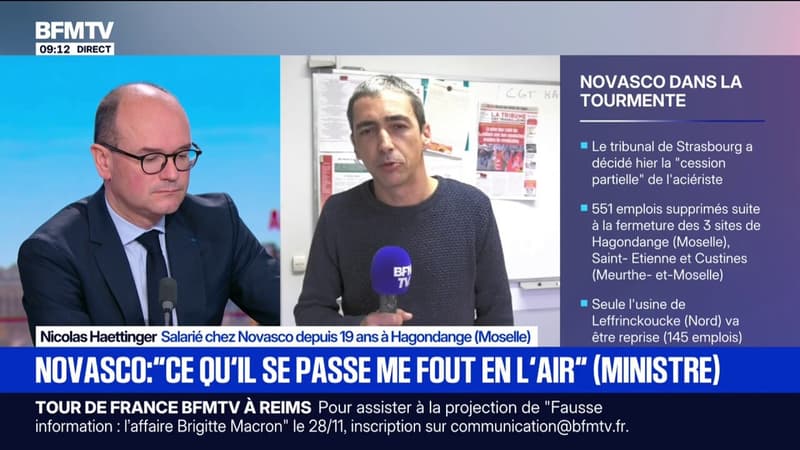 "J'ai perdu mon emploi, j'ai perdu ma fierté", déplore Nicolas Haettinger, salarié chez Novasco, auprès du ministre de l'Industrie