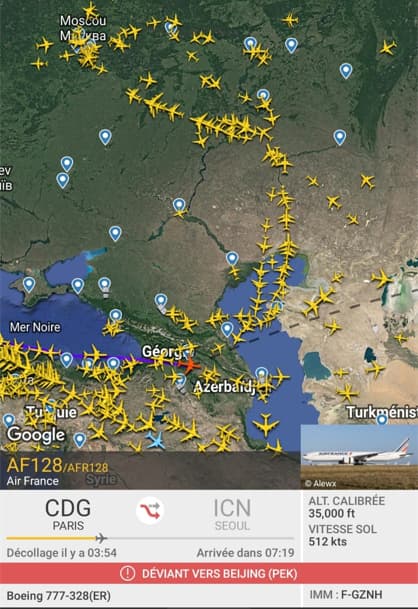 Le 28 février le vol Air France Paris Seoul AF128 a dû faire un détour au sud pour éviter la fermeture de l'espace aérien russe