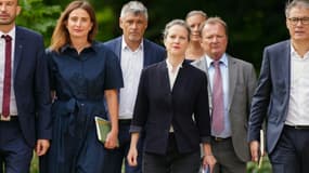 Les chefs de partis et de groupes parlementaires du Nouveau Front populaire avec Lucie Castets, au centre, à leur arrivée à l'Elysée le 23 août 2024, à Paris