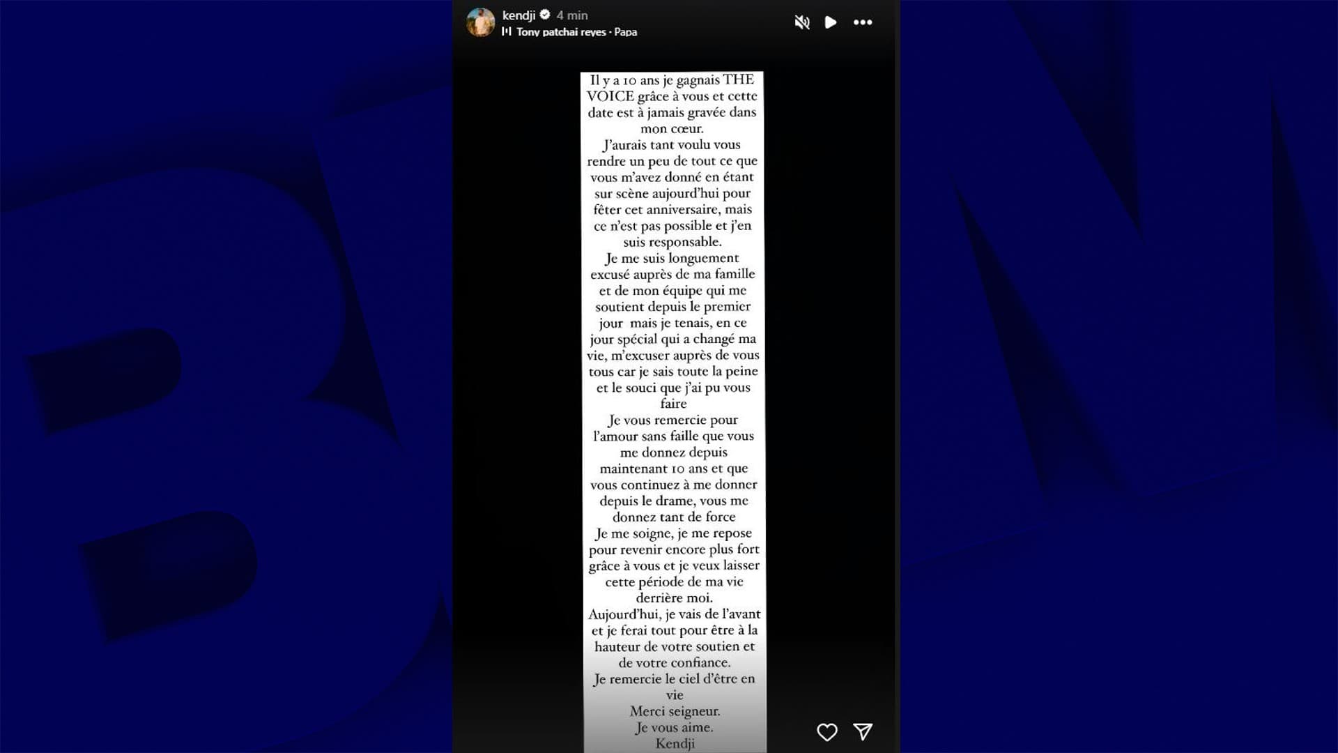 Kendji Girac est sorti du silence sur Instagram ce vendredi 10 mai, après sa blessure par balle du 22 avril dernier. Kendji Girac est sorti du silence sur Instagram ce vendredi 10 mai, après sa blessure par balle du 22 avril dernier.
