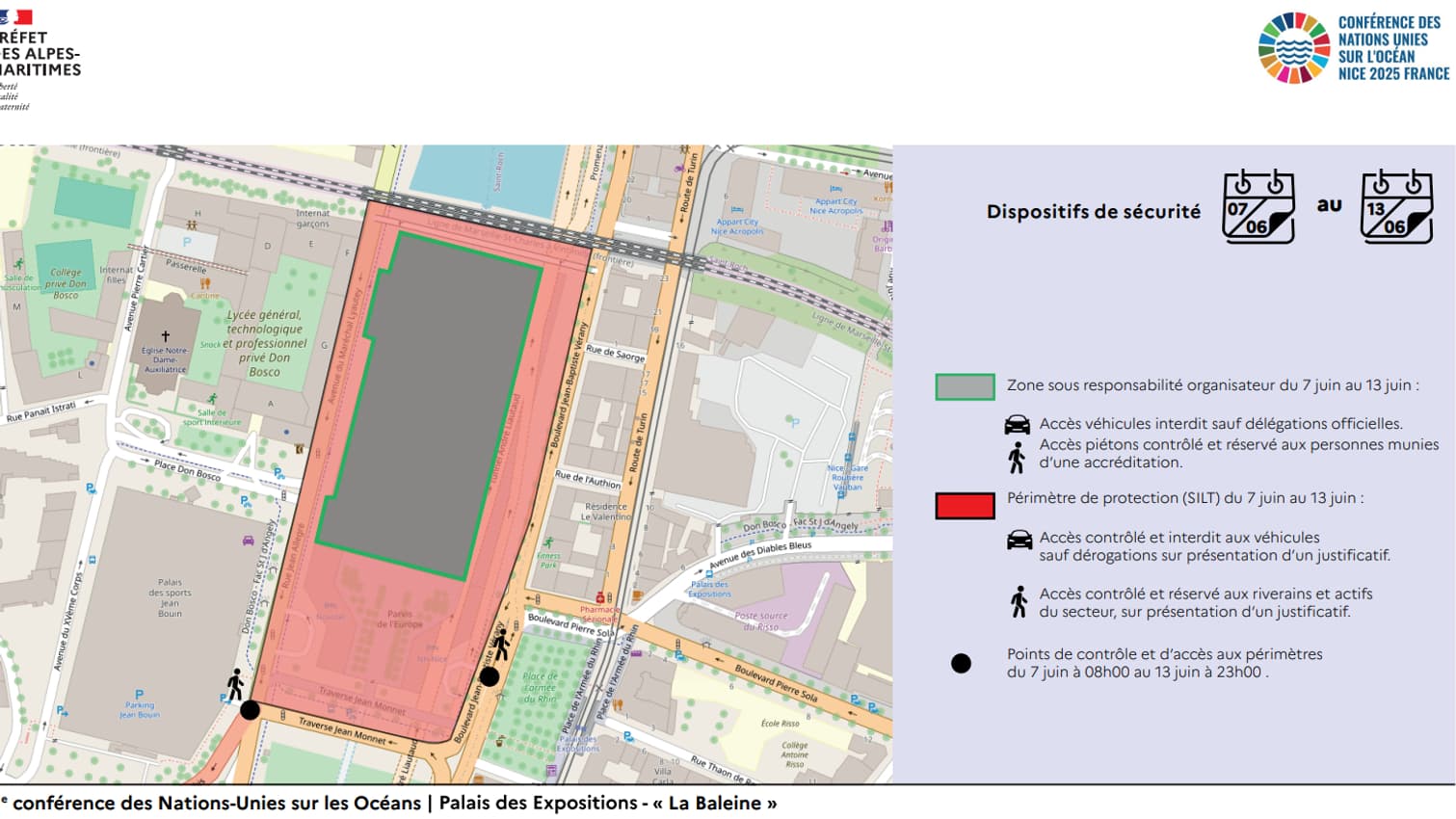 Le dispositif de sécurité autour du Palais des Expositions, à Nice, lors de l'ONOC, du 9 au 13 juin 2025.