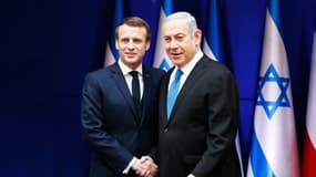 Le président français Emmanuel Macron est accueilli par Benjamin Netanyahu à Jérusalem, le 22 janvier 2020