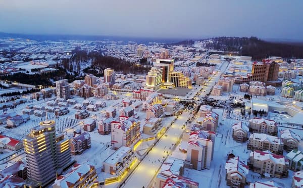 Vue aérienne de la ville de Samjiyon, inaugurée le 2 décembre 2019