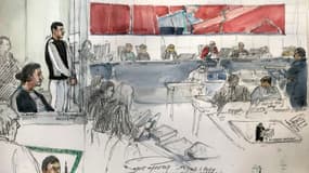 Croquis d'audience d'Ilias Akoudad (2e g) et d'Ismaël Boujti (g) lors du procès pour le meurtre du policier français Eric Masson à la cour d'assises du Vaucluse, le 19 février 2024 à Avignon