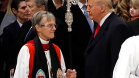 L'évêque Mariann Edgar Budde et le président américain Donald Trump pendant le service de prière national à la cathédrale nationale de Washington le 21 janvier 2025 à Washington, DC.