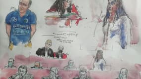 Croquis d'audience montrant le principal accusé de l'affaire Troadec Hubert Caouissin (g) et sa co-accusée Lydie Troadec (d) ainsi que d'autres protagonistes du procès qui s'est ouvert devant la cour d'assises à Nantes, le 22 juin 2021