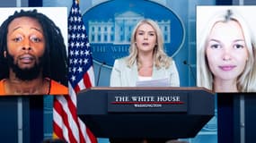 La porte-parole de la Maison blanche Karoline Leavitt lors d'une conférence de presse le 9 septembre 2025 sur le meurtre d'Iryna Zarutska (à droite) par son meurtrier présumé Decarlos Brown (à gauche) à Charlotte (États-Unis).