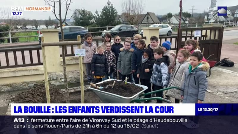 Seine-Maritime: les enfants d'une école de La Bouille plantent des arbres dans la cour