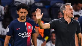 Marquinhos avec Luis Enrique lors de PSG-Lorient, le 12 août 2023
