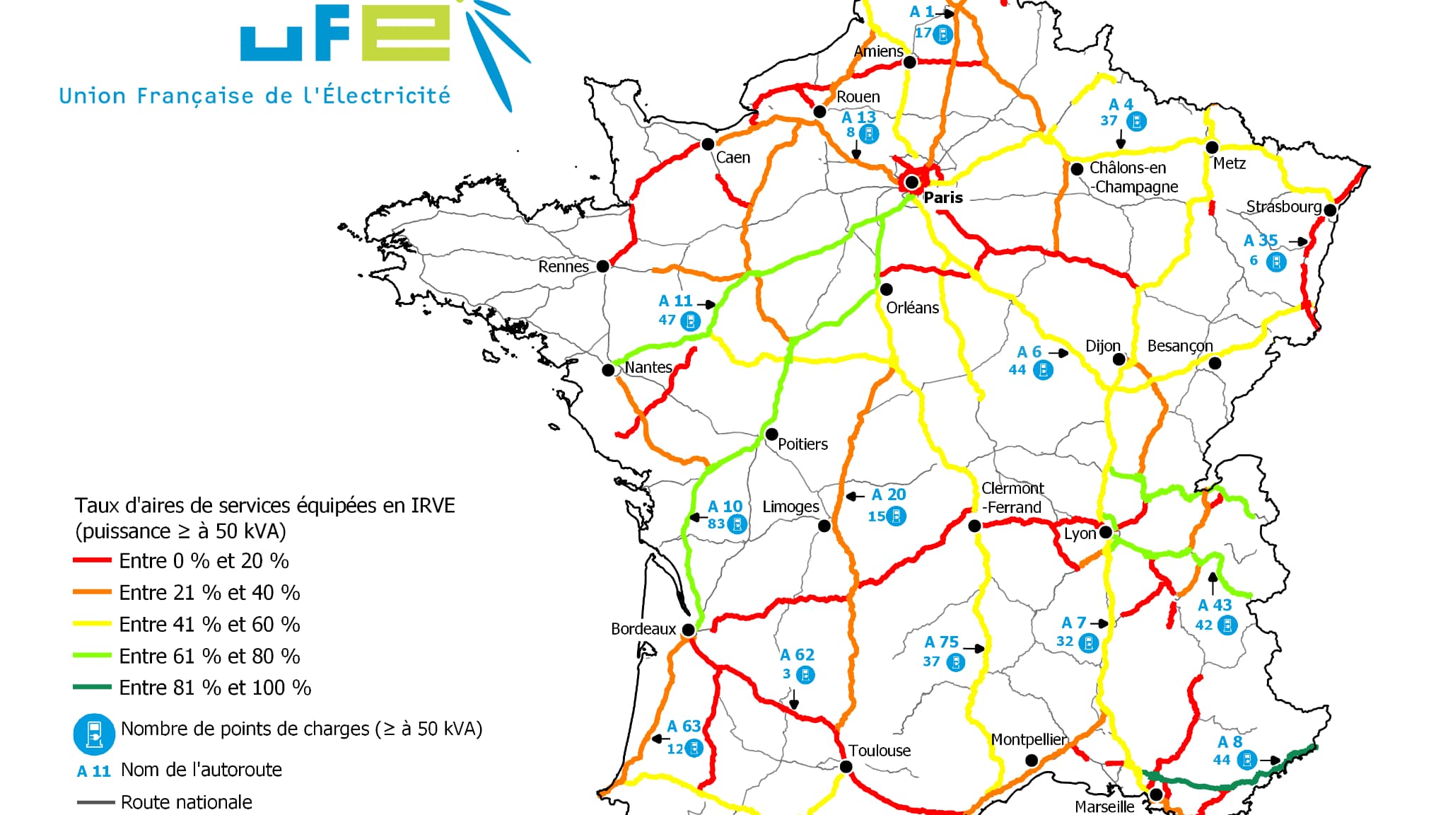Au 1er juillet 2021, on comptait plus de 710 points de recharge rapide sur les aires de service en France, soit une augmentation de 48 % en 6 mois. Au 1er juillet 2021, on comptait plus de 710 points de recharge rapide sur les aires de service en France, soit une augmentation de 48 % en 6 mois.