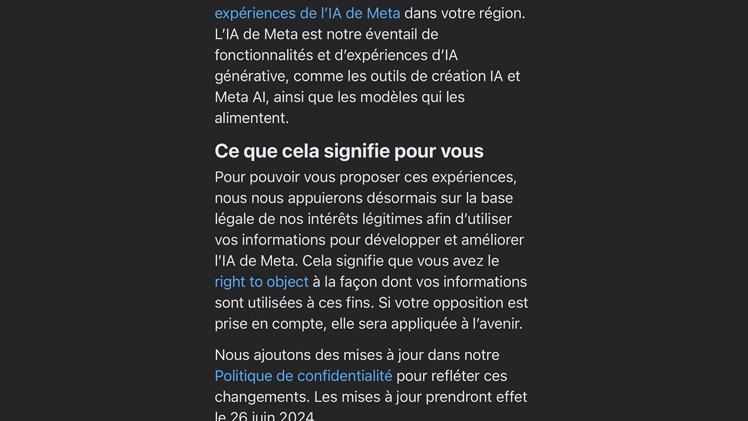 La notification affichée par Facebook concernant l'utilisation des données des utilisateurs pour entraîner son intelligence artificielle La notification affichée par Facebook concernant l'utilisation des données des utilisateurs pour entraîner son intelligence artificielle