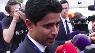 Nasser Al-Khelaïfi, président du PSG, répond aux journalistes à la sortie de l'Elysée, 1er juin 2025