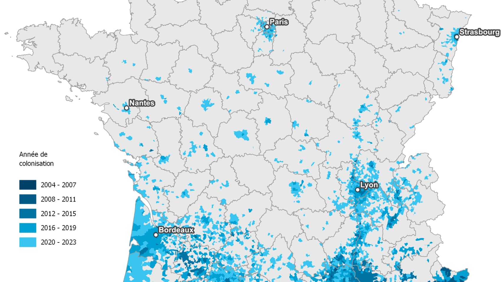 Historique de colonisation des communes de France métropolitaine par le moustique tigre jusqu'en décembre 2023. Historique de colonisation des communes de France métropolitaine par le moustique tigre jusqu'en décembre 2023.