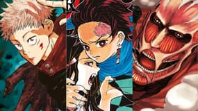 Les couvertures des premières tomes de "Jujutsu Kaisen", "Demon Slayer" et "L'Attaque des Titans"