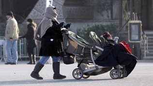 Une femme se protège du froid avec son écharpe alors qu'elle marche avec son bébé dans une poussette, le 1er février 2012 à Paris.