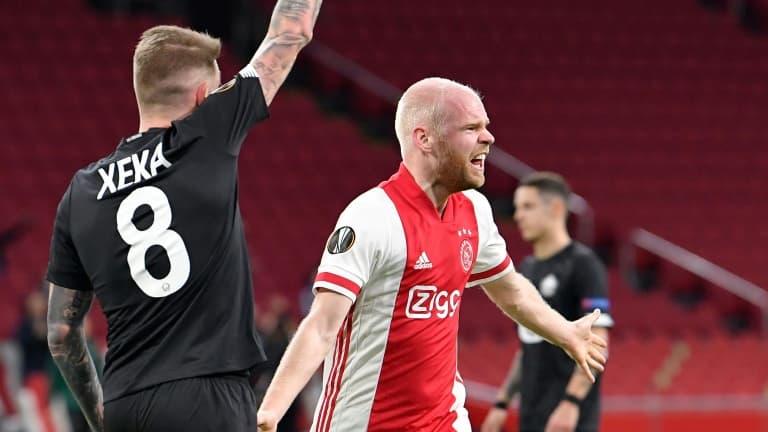 La joie du milieu de terrain de l'Ajax Amsterdam, Davy Klaassen, après avoir ouvert le score contre Lille, lors du 16e de finale retour de la Ligue Europa, le 25 février à Amsterdam