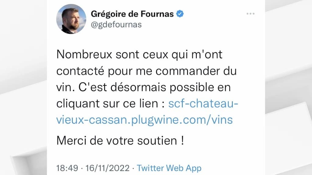 Un tweet du député RN Grégoire de Fournas publié le 16 novembre 2022, depuis effacé.