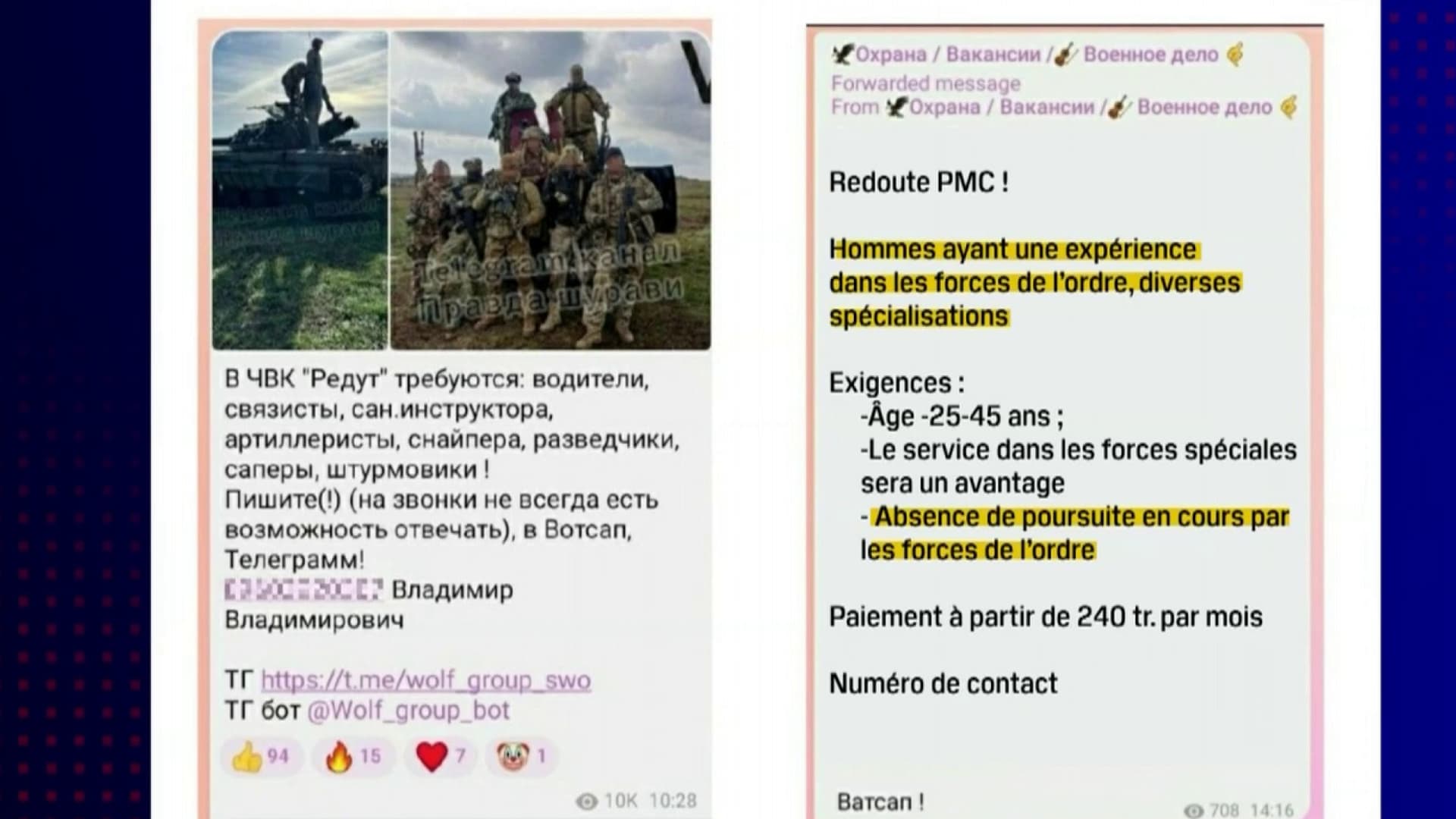 Une annonce postée par la milice Redut sur les réseaux sociaux pour recruter des combattants traduite en français