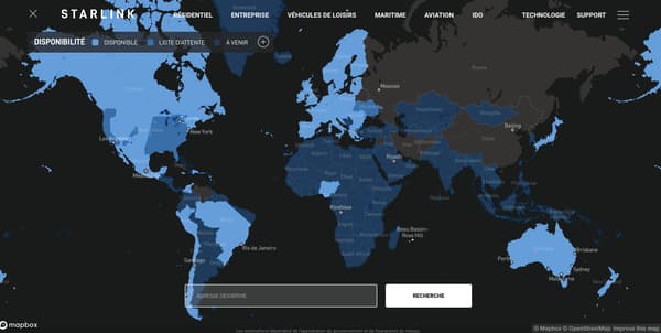 Carte des pays disposant du service Starlink