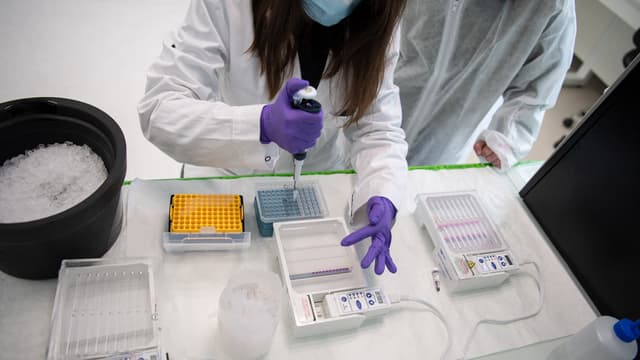 Des biologistes du laboratoire pharmaceutique travaillent sur un programme visant à développer un vaccin contre l'infection Covid-19, le 31 mars 2021 à Nantes, France. (illustration)
