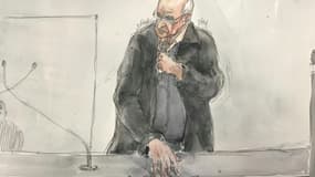 Croquis d'audience représentant l'ex-chirurgien pédocriminel Joël Le Scouarnec lors de son procès à Vannes, dans le Morbihan, le 4 mars 2025