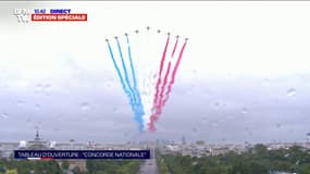 14-Juillet: la patrouille de France déploie son emblématique panache de fumée bleu-blanc-rouge au-dessus des Champs-Élysées
