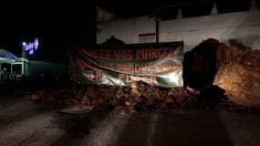 Des agriculteurs déversent du fumier à l'arrière d'un supermarché de Mondeville, près de Caen, le 21 juin 2015 pour réclamer une hausse du prix d'achat de leurs produits
