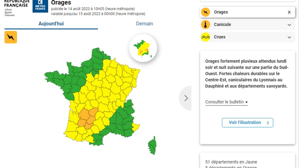Carte des vigilances de Météo-France le 14 août 2023. Carte des vigilances de Météo-France le 14 août 2023.