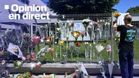 Des fleurs sur les grilles du collège Françoise-Dolto à Nogent, en Haute-Marne, le 11 juin 2025