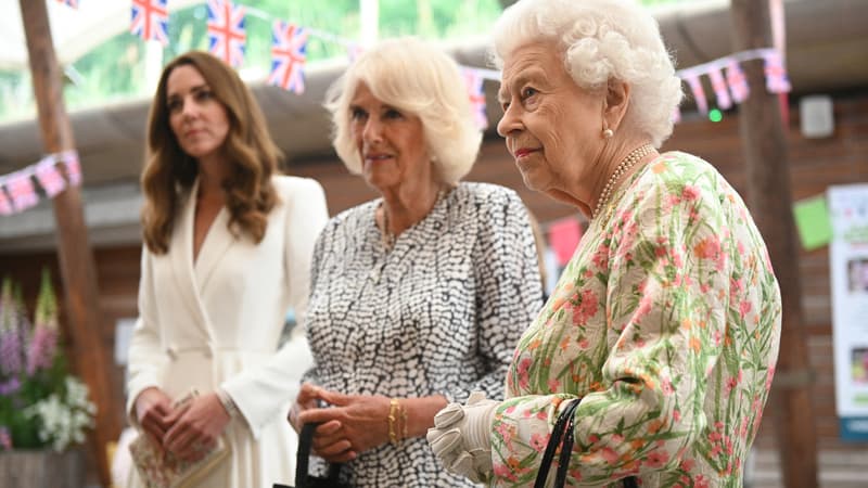 Camilla Parker Bowles (au centre) et la reine Elizabeth II 