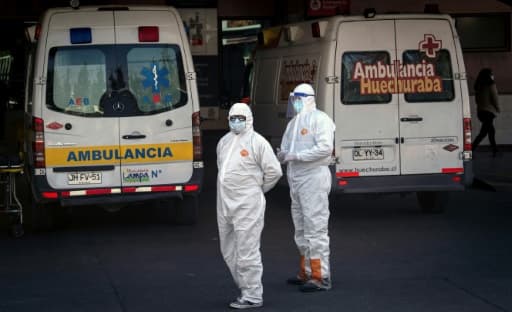 Des personnels soignants attendent près d'une ambulance transportant une personne atteinte par le coronavirus, le 5 juin 2020 à Santiago du Chili Des personnels soignants attendent près d'une ambulance transportant une personne atteinte par le coronavirus, le 5 juin 2020 à Santiago du Chili