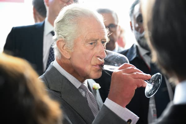 Le roi Charles dégustant un verre de vin à Bordeaux, place de la Bourse, le 22 septembre 2023.