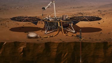 Vue d'artiste de la sonde InSight sur Mars.
